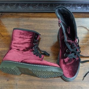 Burgundy Velvet Combat Boots